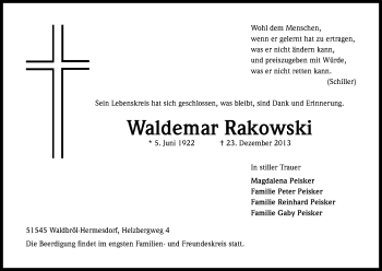 Anzeige von Waldemar Rakowski von Kölner Stadt-Anzeiger / Kölnische Rundschau / Express