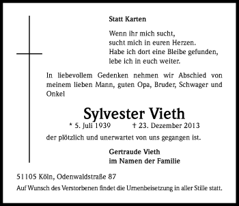 Anzeige von Sylvester Vieth von Kölner Stadt-Anzeiger / Kölnische Rundschau / Express