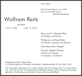 Anzeige von Wolfram Reitz von Kölner Stadt-Anzeiger / Kölnische Rundschau / Express