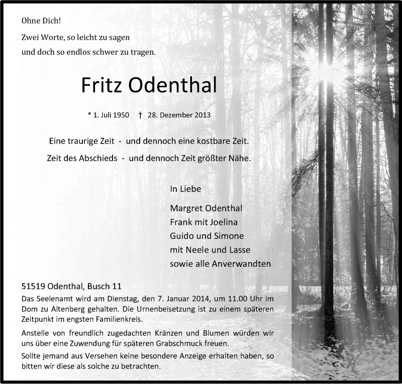  Traueranzeige für Fritz Odenthal vom 02.01.2014 aus Kölner Stadt-Anzeiger / Kölnische Rundschau / Express