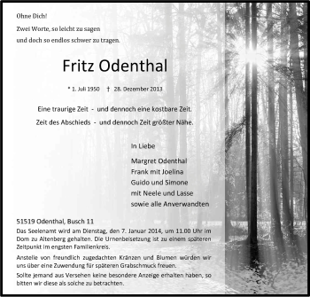 Anzeige von Fritz Odenthal von Kölner Stadt-Anzeiger / Kölnische Rundschau / Express