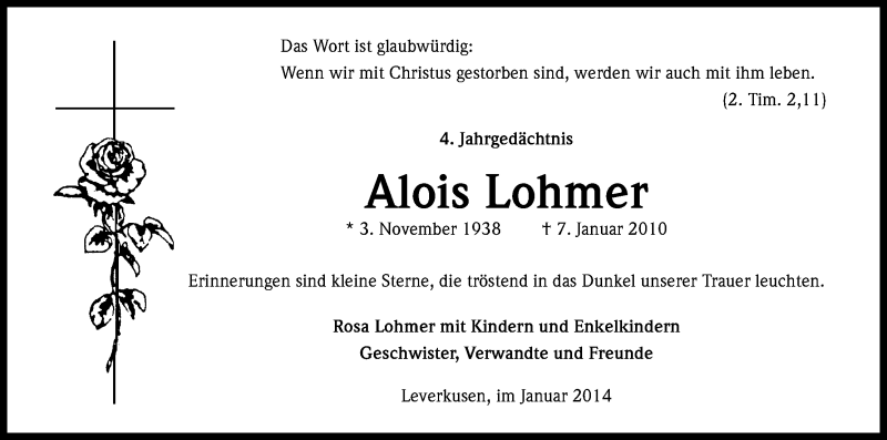  Traueranzeige für Alois Lohmer vom 07.01.2014 aus Kölner Stadt-Anzeiger / Kölnische Rundschau / Express