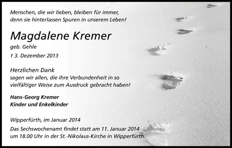  Traueranzeige für Hans-Georg + Magdalene Kremer vom 04.01.2014 aus Kölner Stadt-Anzeiger / Kölnische Rundschau / Express