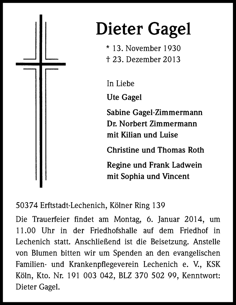  Traueranzeige für Dieter Gagel vom 04.01.2014 aus Kölner Stadt-Anzeiger / Kölnische Rundschau / Express