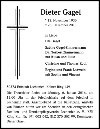 Anzeige von Dieter Gagel von Kölner Stadt-Anzeiger / Kölnische Rundschau / Express