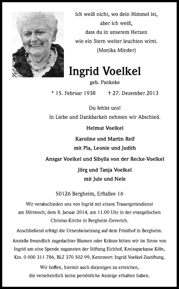 Anzeige von Ingrid Voelkel von Kölner Stadt-Anzeiger / Kölnische Rundschau / Express