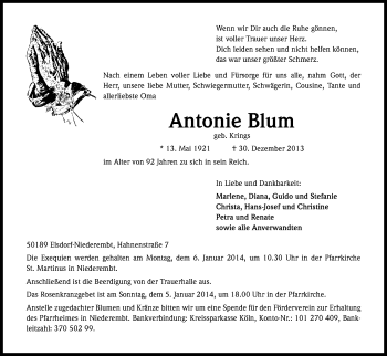 Anzeige von Antonie Blum von Kölner Stadt-Anzeiger / Kölnische Rundschau / Express