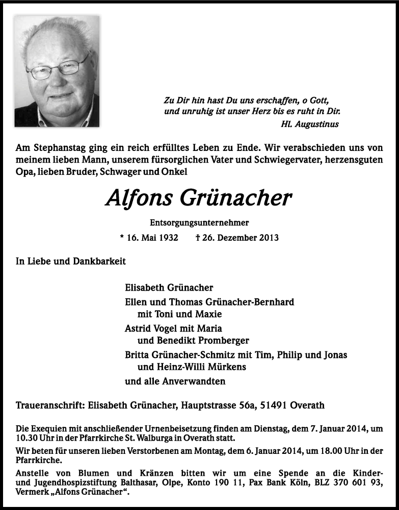 Traueranzeige für Alfons Grünacher vom 04.01.2014 aus Kölner Stadt-Anzeiger / Kölnische Rundschau / Express