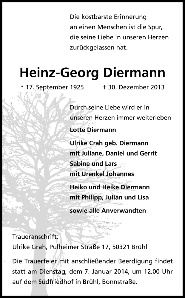  Traueranzeige für Heinz-Georg Diermann vom 03.01.2014 aus Kölner Stadt-Anzeiger / Kölnische Rundschau / Express
