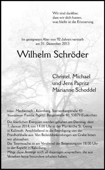 Anzeige von Wilhelm Schröder von Kölner Stadt-Anzeiger / Kölnische Rundschau / Express