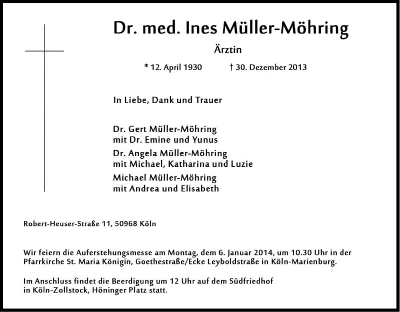  Traueranzeige für Ines Müller-Möhring vom 03.01.2014 aus Kölner Stadt-Anzeiger / Kölnische Rundschau / Express