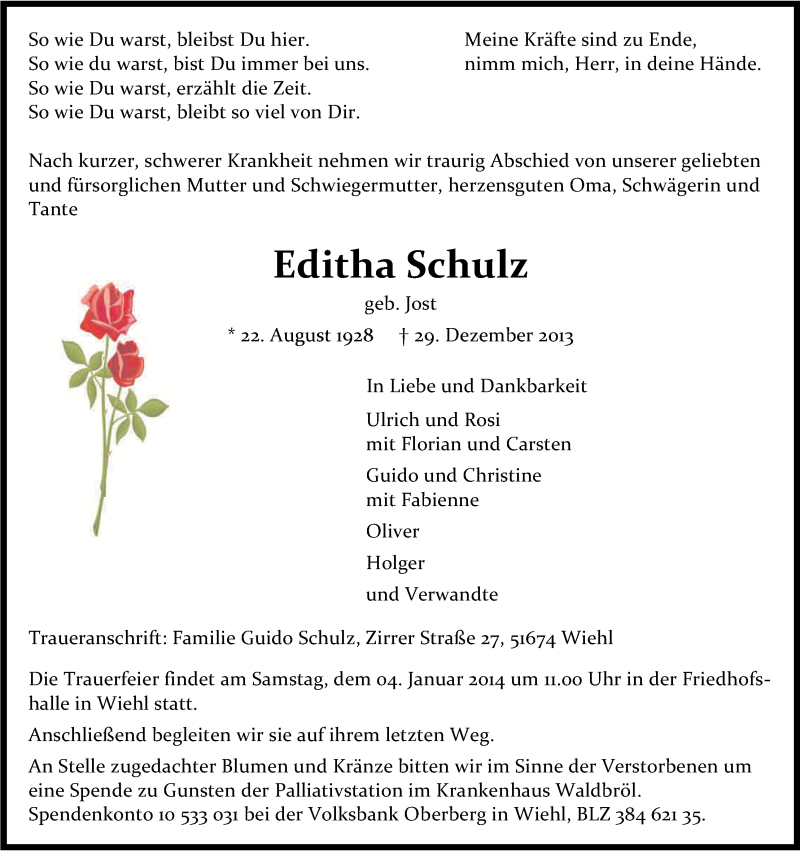  Traueranzeige für Editha Schulz vom 03.01.2014 aus Kölner Stadt-Anzeiger / Kölnische Rundschau / Express