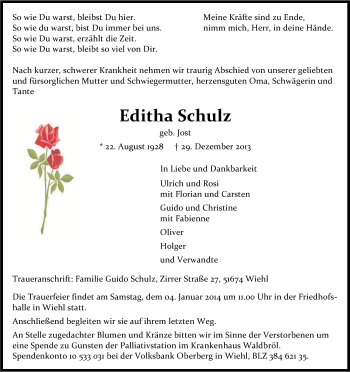 Anzeige von Editha Schulz von Kölner Stadt-Anzeiger / Kölnische Rundschau / Express