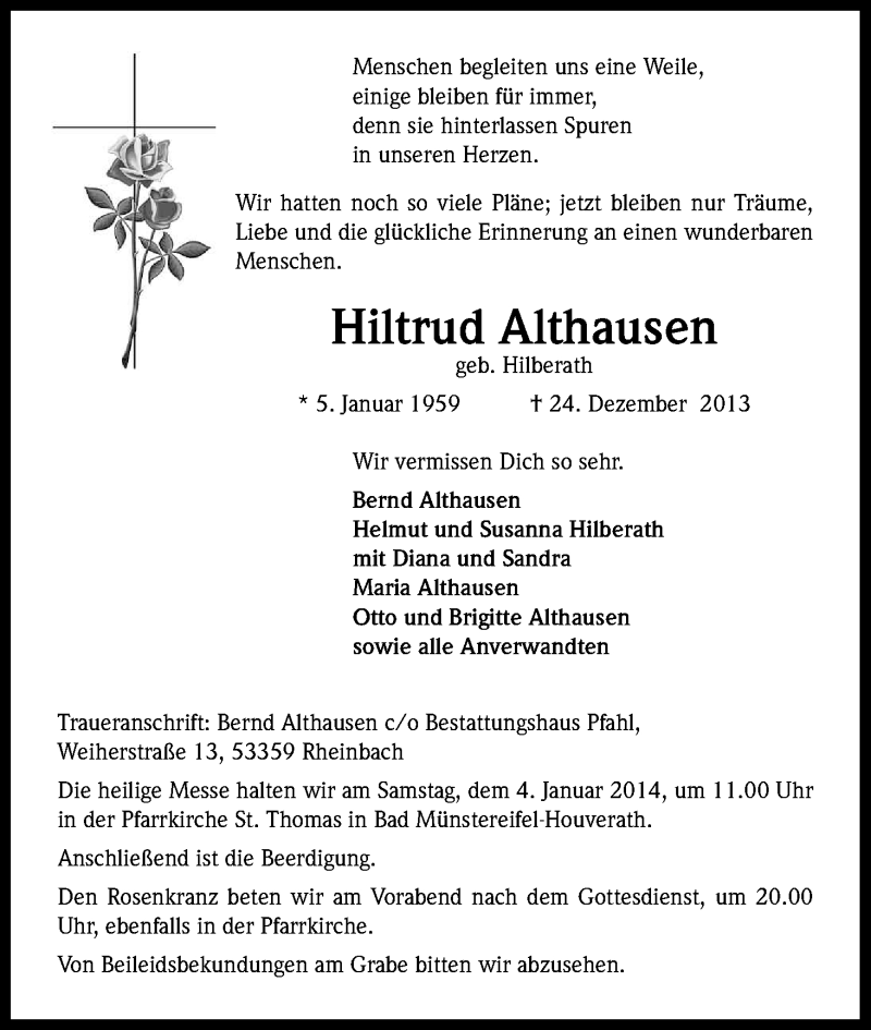  Traueranzeige für Hiltrud Althausen vom 03.01.2014 aus Kölner Stadt-Anzeiger / Kölnische Rundschau / Express
