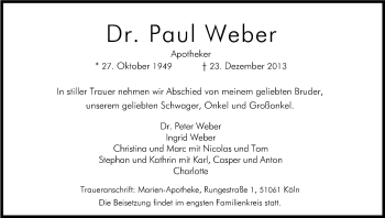 Anzeige von Paul Weber von Kölner Stadt-Anzeiger / Kölnische Rundschau / Express