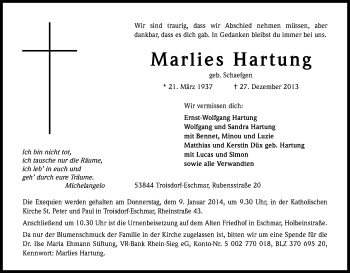 Anzeige von Marlies Hartung von Kölner Stadt-Anzeiger / Kölnische Rundschau / Express
