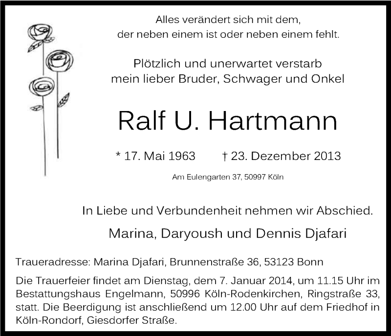  Traueranzeige für Ralf Hartmann vom 04.01.2014 aus Kölner Stadt-Anzeiger / Kölnische Rundschau / Express