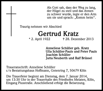 Anzeige von Gertrud Kratz von Kölner Stadt-Anzeiger / Kölnische Rundschau / Express