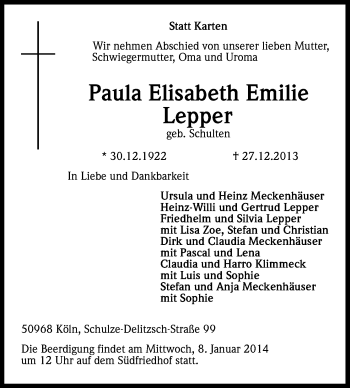 Anzeige von Paula Elisabeth Emilie Lepper von Kölner Stadt-Anzeiger / Kölnische Rundschau / Express
