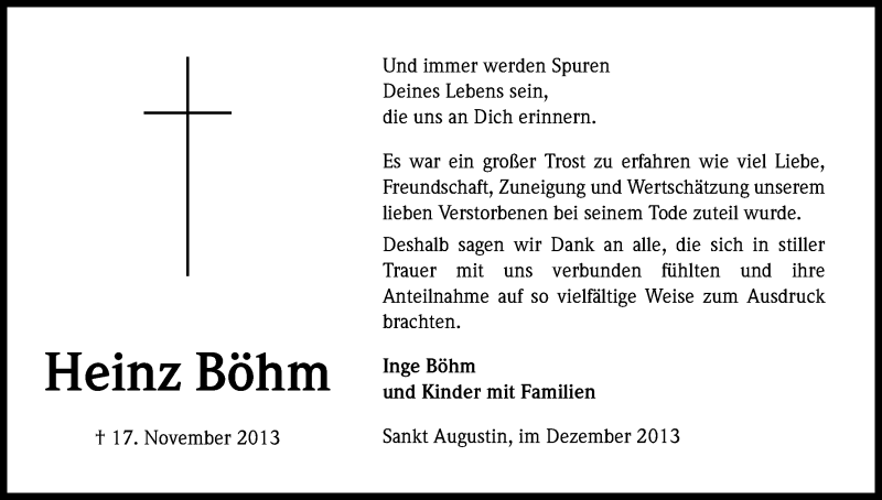  Traueranzeige für Heinz Böhm vom 04.01.2014 aus Kölner Stadt-Anzeiger / Kölnische Rundschau / Express