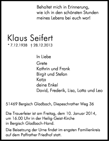 Anzeige von Klaus Seifert von Kölner Stadt-Anzeiger / Kölnische Rundschau / Express