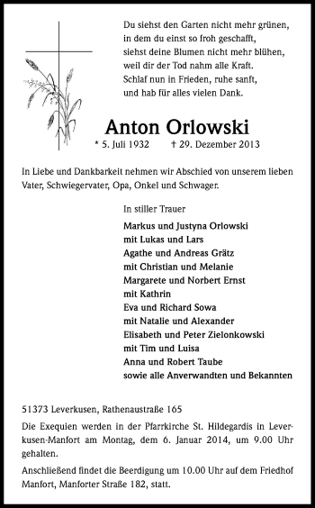 Anzeige von Anton Orlowski von Kölner Stadt-Anzeiger / Kölnische Rundschau / Express
