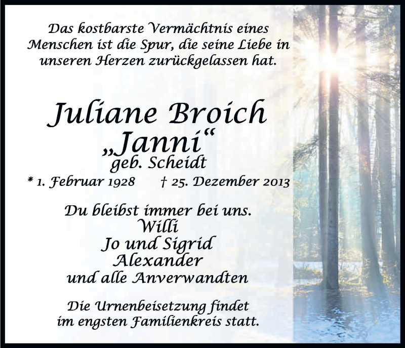  Traueranzeige für Juliane Broich vom 04.01.2014 aus Kölner Stadt-Anzeiger / Kölnische Rundschau / Express