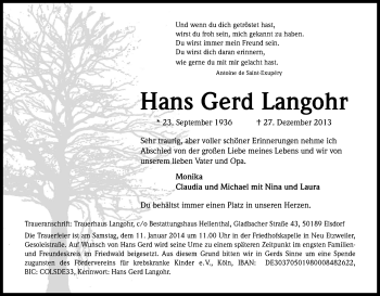 Anzeige von Hans Gerd Langohr von Kölner Stadt-Anzeiger / Kölnische Rundschau / Express