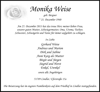 Anzeige von Monika Weise von Kölner Stadt-Anzeiger / Kölnische Rundschau / Express