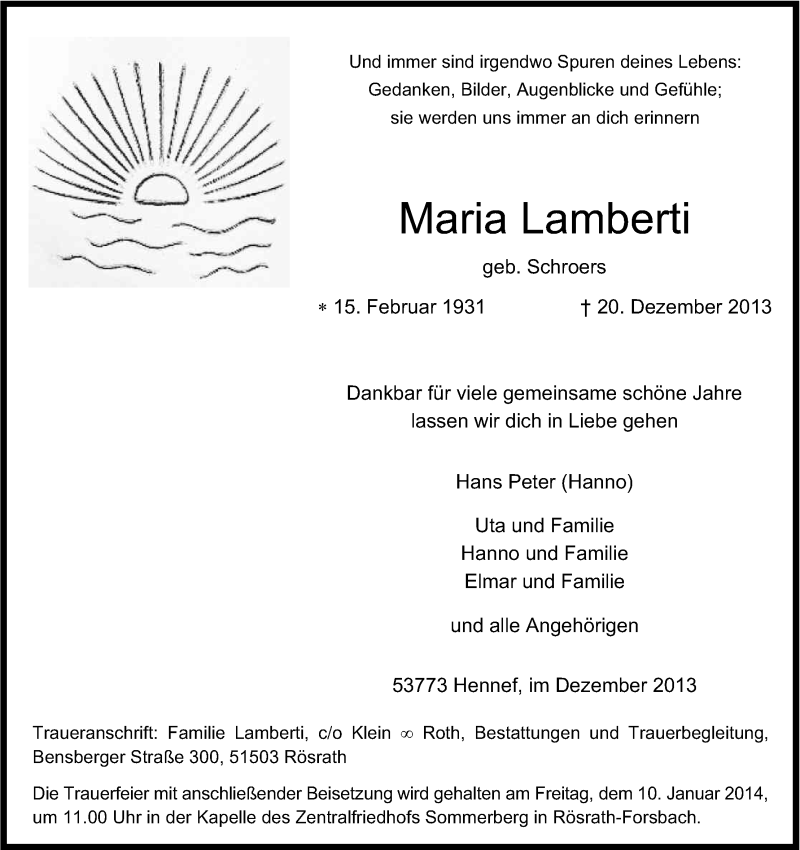  Traueranzeige für Maria Lamberti vom 04.01.2014 aus Kölner Stadt-Anzeiger / Kölnische Rundschau / Express