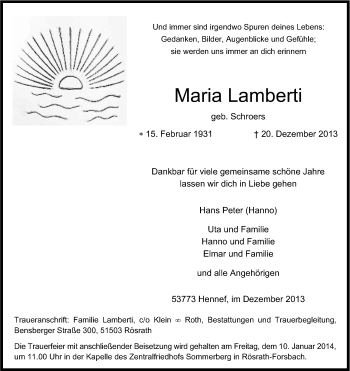 Anzeige von Maria Lamberti von Kölner Stadt-Anzeiger / Kölnische Rundschau / Express