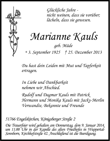 Anzeige von Marianne Kauls von Kölner Stadt-Anzeiger / Kölnische Rundschau / Express