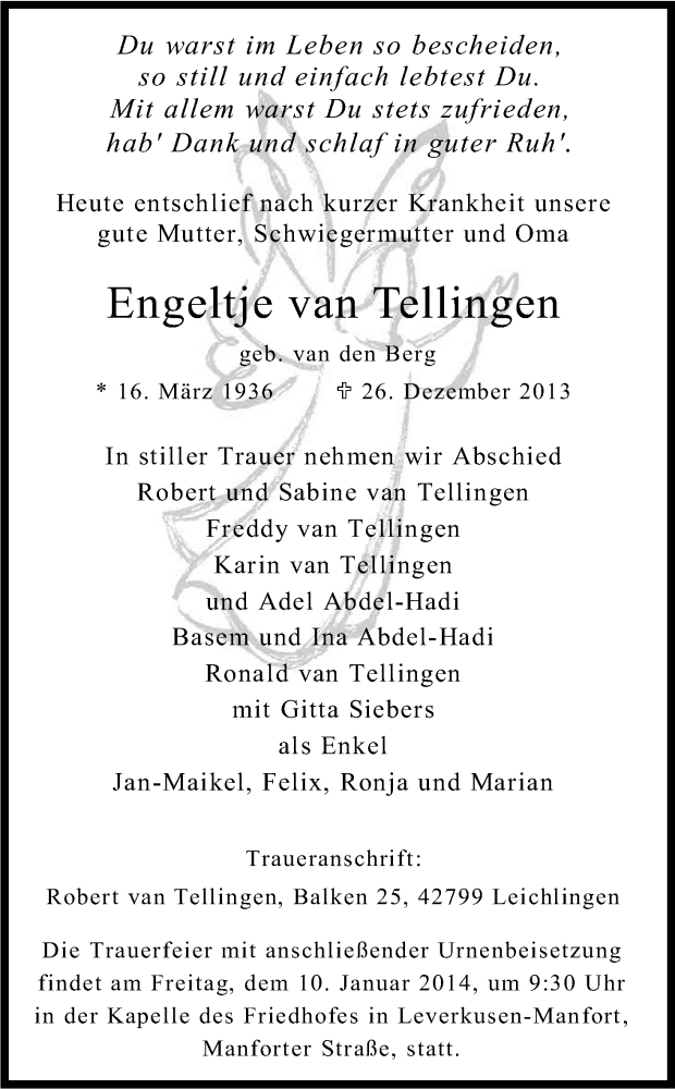  Traueranzeige für Engeltje van Tellingen vom 04.01.2014 aus Kölner Stadt-Anzeiger / Kölnische Rundschau / Express