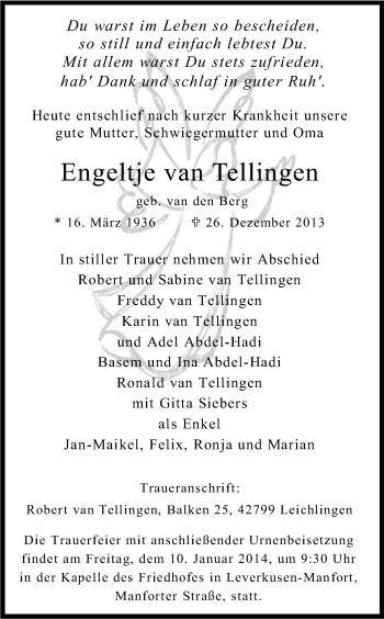 Anzeige von Engeltje van Tellingen von Kölner Stadt-Anzeiger / Kölnische Rundschau / Express