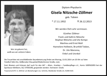 Anzeige von Gisela Nitzsche-Zöllmer von Kölner Stadt-Anzeiger / Kölnische Rundschau / Express