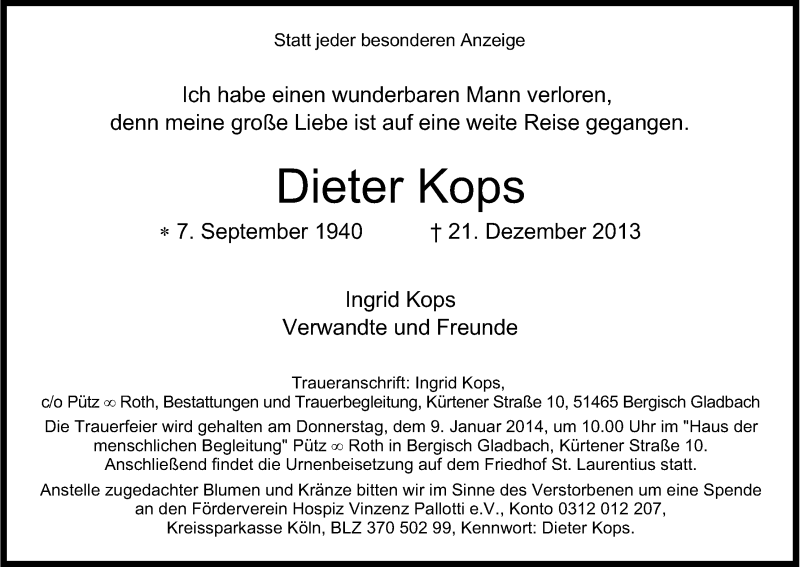  Traueranzeige für Dieter Kops vom 04.01.2014 aus Kölner Stadt-Anzeiger / Kölnische Rundschau / Express