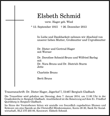 Anzeige von Elsbeth Schmid von Kölner Stadt-Anzeiger / Kölnische Rundschau / Express