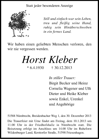 Anzeige von Horst Kleber von Kölner Stadt-Anzeiger / Kölnische Rundschau / Express