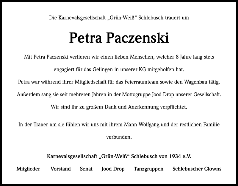  Traueranzeige für Petra Paczenski vom 04.01.2014 aus Kölner Stadt-Anzeiger / Kölnische Rundschau / Express
