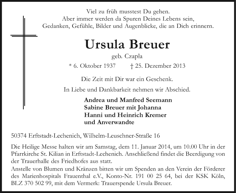  Traueranzeige für Ursula Breuer vom 04.01.2014 aus Kölner Stadt-Anzeiger / Kölnische Rundschau / Express