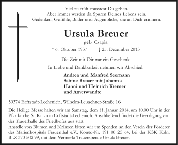 Anzeige von Ursula Breuer von Kölner Stadt-Anzeiger / Kölnische Rundschau / Express