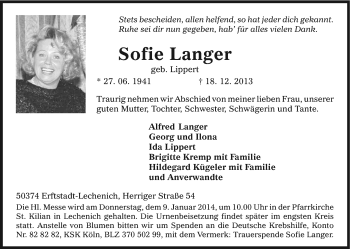 Anzeige von Sofie Langer von Kölner Stadt-Anzeiger / Kölnische Rundschau / Express