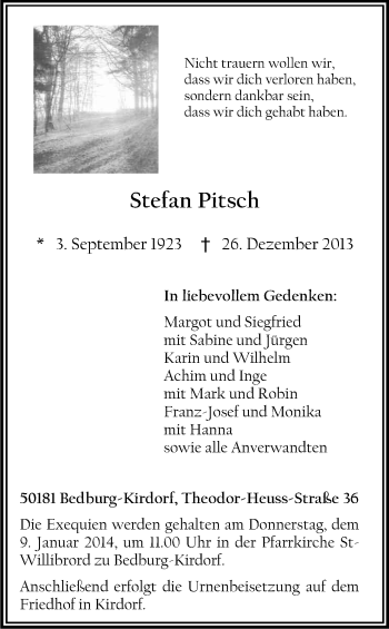 Anzeige von Stefan Pitsch von Kölner Stadt-Anzeiger / Kölnische Rundschau / Express