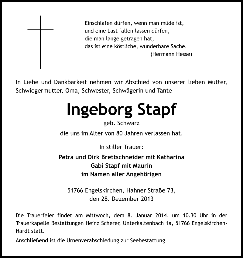  Traueranzeige für Ingeborg Stapf vom 04.01.2014 aus Kölner Stadt-Anzeiger / Kölnische Rundschau / Express