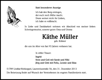 Anzeige von Käthe Müller von Kölner Stadt-Anzeiger / Kölnische Rundschau / Express