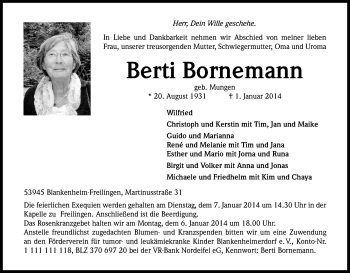 Anzeige von Berti Bornemann von Kölner Stadt-Anzeiger / Kölnische Rundschau / Express