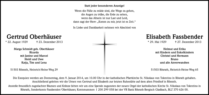  Traueranzeige für Gertrud Oberhäuser vom 04.01.2014 aus Kölner Stadt-Anzeiger / Kölnische Rundschau / Express