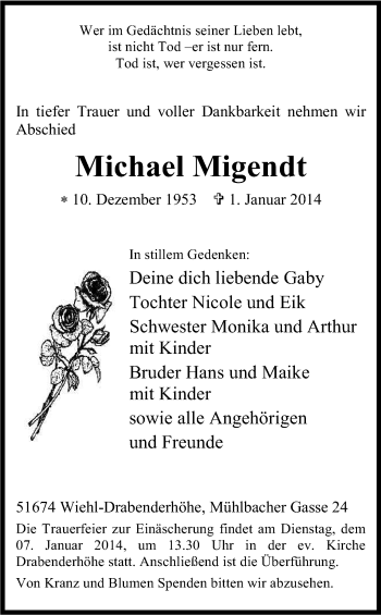 Anzeige von Michael Migendt von Kölner Stadt-Anzeiger / Kölnische Rundschau / Express