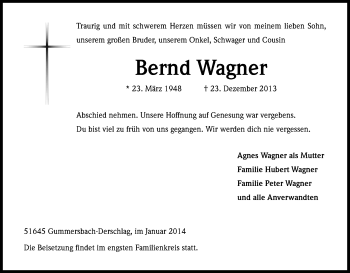 Anzeige von Bernd Wagner von Kölner Stadt-Anzeiger / Kölnische Rundschau / Express