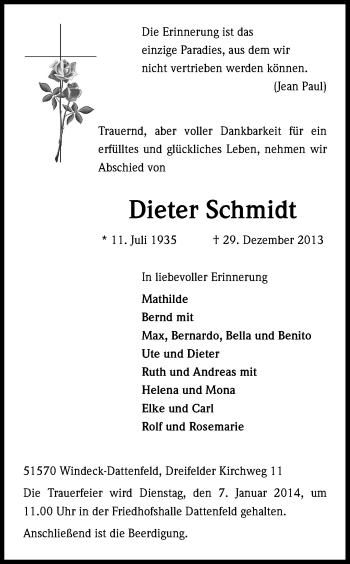 Anzeige von Dieter Schmidt von Kölner Stadt-Anzeiger / Kölnische Rundschau / Express